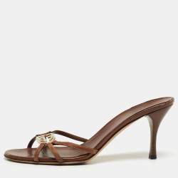 Gucci Brown Leather Interlocking G Slide Sandals Size 38