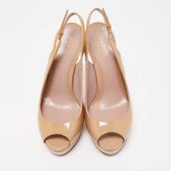 Pre Owned Gucci Beige Patent Leather Peep Toe Platform Slingback Sandals Size 36.5