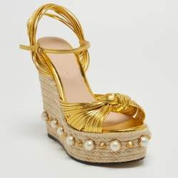 Pre Owned Gucci Gold Leather Strappy Knotted Pearl Embellished Wedge Espadrille Ankle Strap Sandals Size 36.5