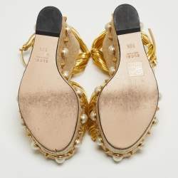 Pre Owned Gucci Gold Leather Strappy Knotted Pearl Embellished Wedge Espadrille Ankle Strap Sandals Size 36.5