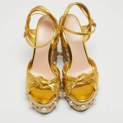 Pre Owned Gucci Gold Leather Strappy Knotted Pearl Embellished Wedge Espadrille Ankle Strap Sandals Size 36.5