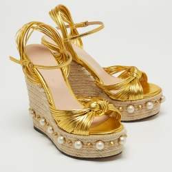 Pre Owned Gucci Gold Leather Strappy Knotted Pearl Embellished Wedge Espadrille Ankle Strap Sandals Size 36.5