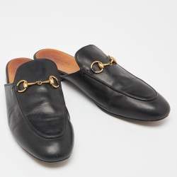 Pre Owned Gucci Black Leather Horsebit Princetown Flat Mules Size 38.5