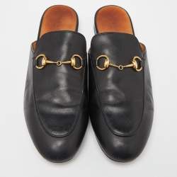 Pre Owned Gucci Black Leather Horsebit Princetown Flat Mules Size 38.5