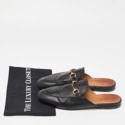 Pre Owned Gucci Black Leather Horsebit Princetown Flat Mules Size 38.5