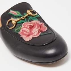 Pre Owned Gucci Black Floral Embroidered Leather Princetown Mules Size 36.5