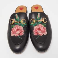 Pre Owned Gucci Black Floral Embroidered Leather Princetown Mules Size 36.5