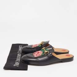 Pre Owned Gucci Black Floral Embroidered Leather Princetown Mules Size 36.5
