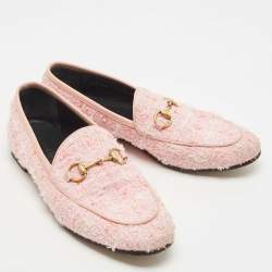 Pre Owned Gucci Pink Tweed Horsebit Jordaan Loafers Size 37
