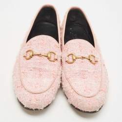 Pre Owned Gucci Pink Tweed Horsebit Jordaan Loafers Size 37