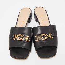 Pre Owned Gucci Black Leather  Zumi Flat Sandals Size 38.5