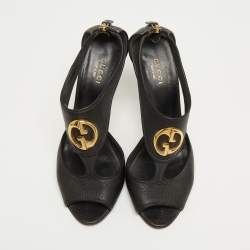 Pre Owned Gucci Black Leather Ankle Strap Sandals Size 37