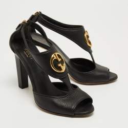 Pre Owned Gucci Black Leather Ankle Strap Sandals Size 37