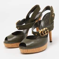 Gucci Olive Green Leather And Suede GG Cork Platform Ankle Strap Sandals Size 35.5