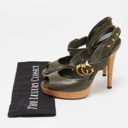 Gucci Olive Green Leather And Suede GG Cork Platform Ankle Strap Sandals Size 35.5