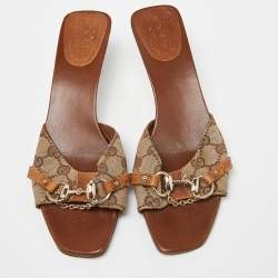Gucci Beige/Brown GG Canvas and Leather Horsebit Slide Sandals Size 39.5