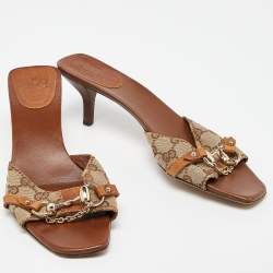 Gucci Beige/Brown GG Canvas and Leather Horsebit Slide Sandals Size 39.5