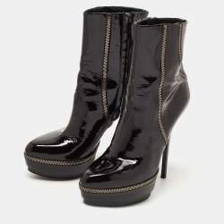 Pre Owned Gucci Black Patent Leather Zip Detail Platform Ankle Boots Size 38.5