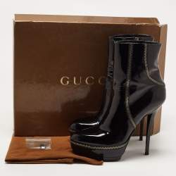 Pre Owned Gucci Black Patent Leather Zip Detail Platform Ankle Boots Size 38.5