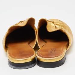 Gucci Gold Leather Princetown Horsebit Flat Mules Size 38.5