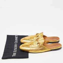Gucci Gold Leather Princetown Horsebit Flat Mules Size 38.5