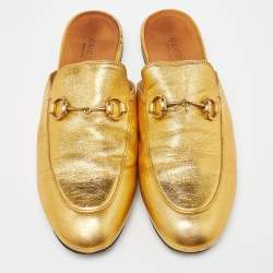 Gucci Gold Leather Princetown Horsebit Flat Mules Size 38.5