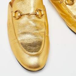 Gucci Gold Leather Princetown Horsebit Flat Mules Size 38.5