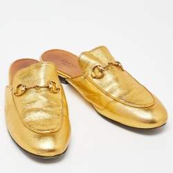 Gucci Gold Leather Princetown Horsebit Flat Mules Size 38.5