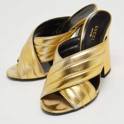 Pre Owned Gucci Metallic Gold Leather Webby Slide Sandals Size 38