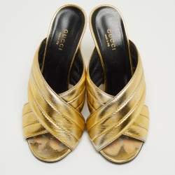 Pre Owned Gucci Metallic Gold Leather Webby Slide Sandals Size 38