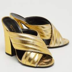 Pre Owned Gucci Metallic Gold Leather Webby Slide Sandals Size 38