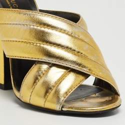 Pre Owned Gucci Metallic Gold Leather Webby Slide Sandals Size 38