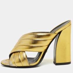 Pre Owned Gucci Metallic Gold Leather Webby Slide Sandals Size 38
