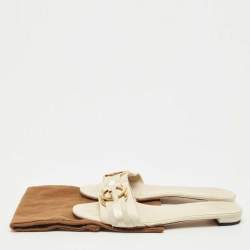 Pre Owned Gucci Cream Leather Interlocking G Flat Slides Size 40.5