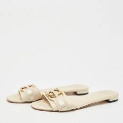 Pre Owned Gucci Cream Leather Interlocking G Flat Slides Size 40.5