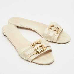 Pre Owned Gucci Cream Leather Interlocking G Flat Slides Size 40.5