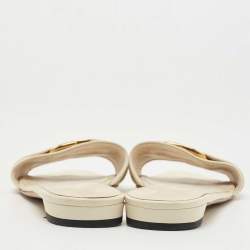 Pre Owned Gucci Cream Leather Interlocking G Flat Slides Size 40.5