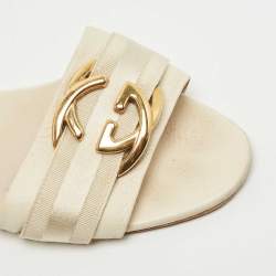Pre Owned Gucci Cream Leather Interlocking G Flat Slides Size 40.5