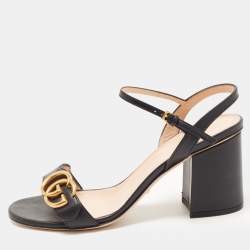 Pre Owned Gucci Black Leather GG Marmont Block Heel Ankle Strap Sandals Size 37