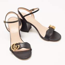Pre Owned Gucci Black Leather GG Marmont Block Heel Ankle Strap Sandals Size 37