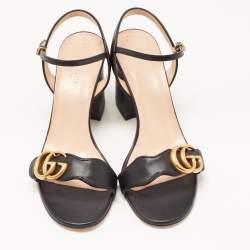 Pre Owned Gucci Black Leather GG Marmont Block Heel Ankle Strap Sandals Size 37