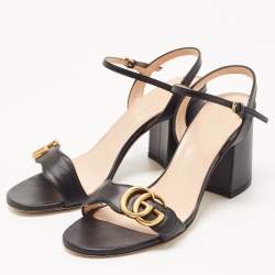 Pre Owned Gucci Black Leather GG Marmont Block Heel Ankle Strap Sandals Size 37