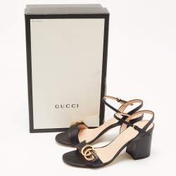 Pre Owned Gucci Black Leather GG Marmont Block Heel Ankle Strap Sandals Size 37