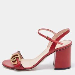 Pre Owned Gucci Red Leather GG Marmont Block Heel Ankle Strap Sandals Size 37