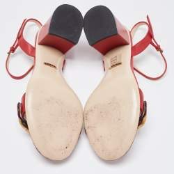 Pre Owned Gucci Red Leather GG Marmont Block Heel Ankle Strap Sandals Size 37