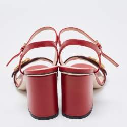 Pre Owned Gucci Red Leather GG Marmont Block Heel Ankle Strap Sandals Size 37