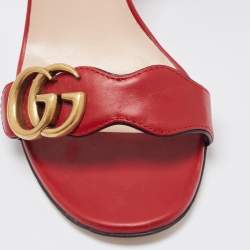 Pre Owned Gucci Red Leather GG Marmont Block Heel Ankle Strap Sandals Size 37