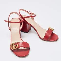 Pre Owned Gucci Red Leather GG Marmont Block Heel Ankle Strap Sandals Size 37