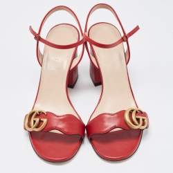 Pre Owned Gucci Red Leather GG Marmont Block Heel Ankle Strap Sandals Size 37