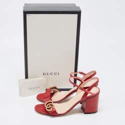 Pre Owned Gucci Red Leather GG Marmont Block Heel Ankle Strap Sandals Size 37